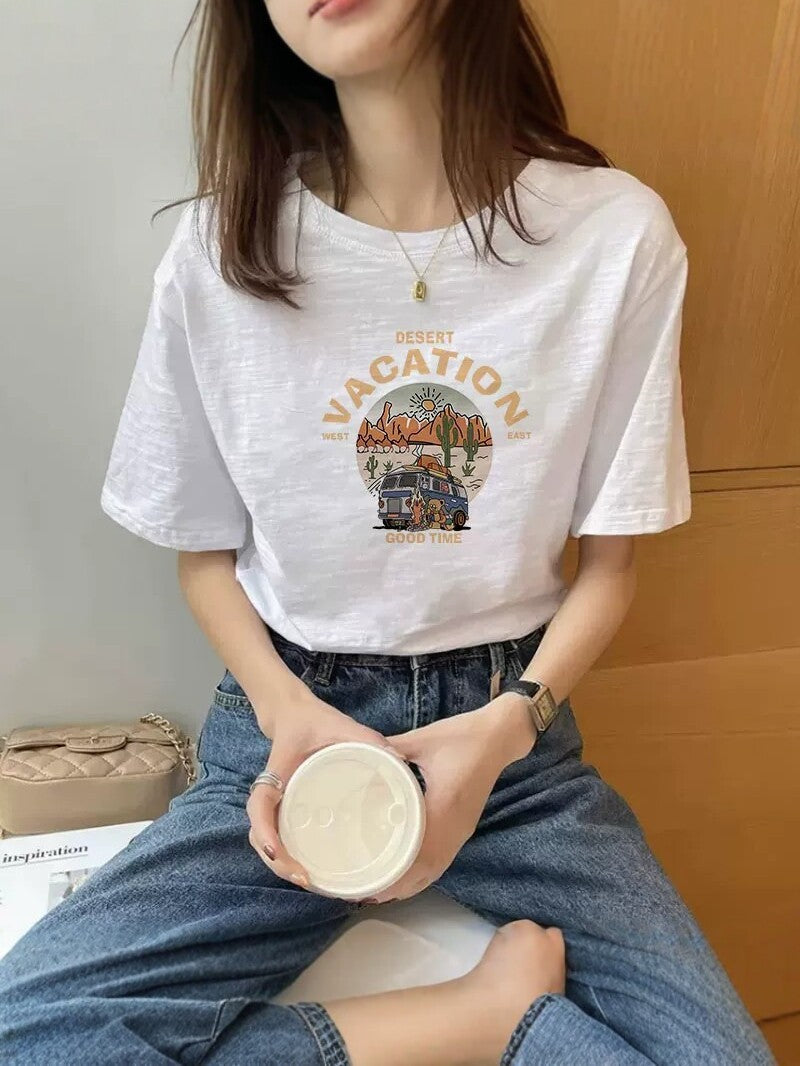 Women's Slub Cotton Graphic Crew Neck T-Shirt
