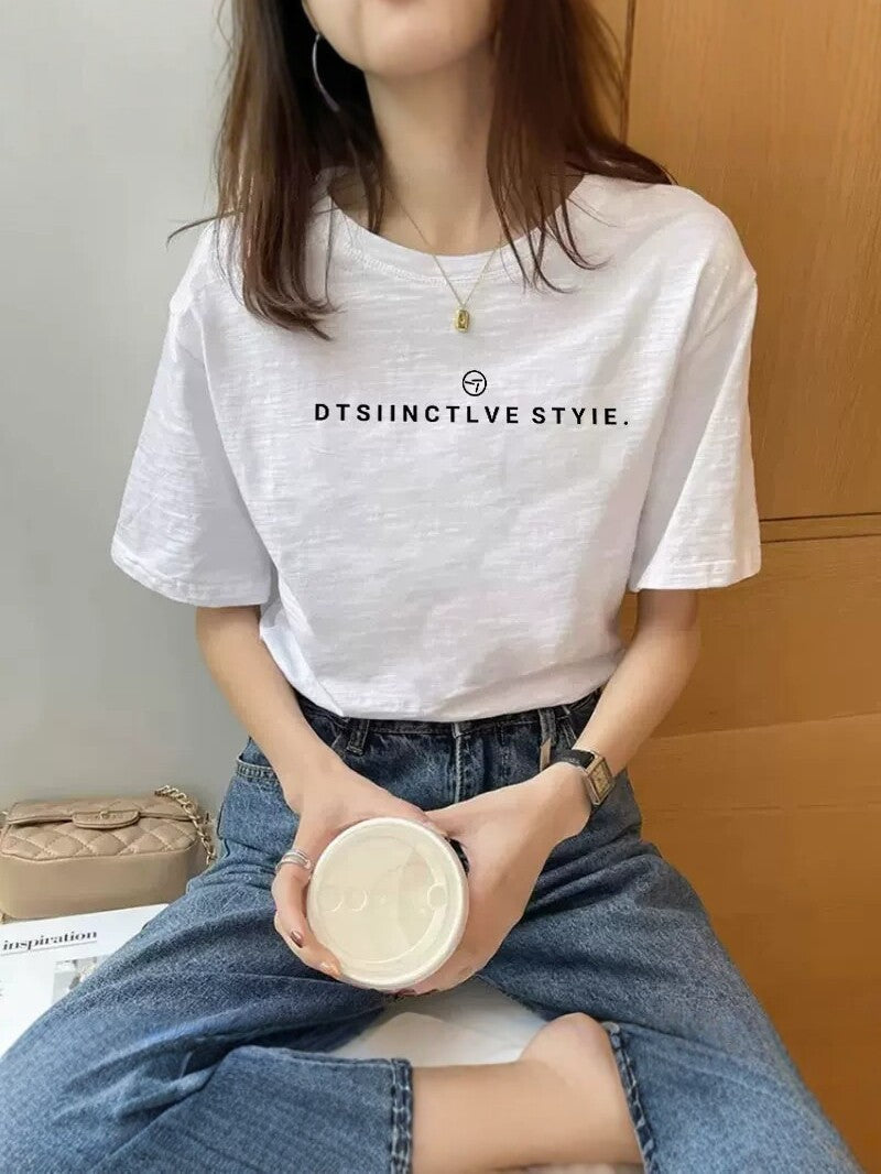 Women's Slub Cotton Graphic Crew Neck T-Shirt