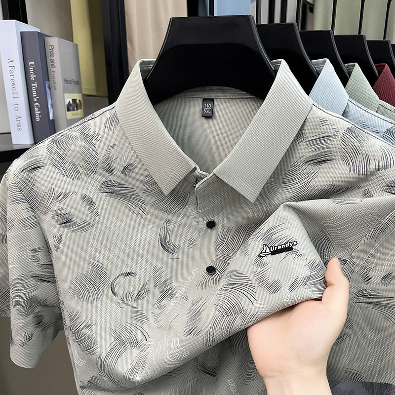 Men's Seamless Printed Short Sleeve Polo Shirt with Breathable