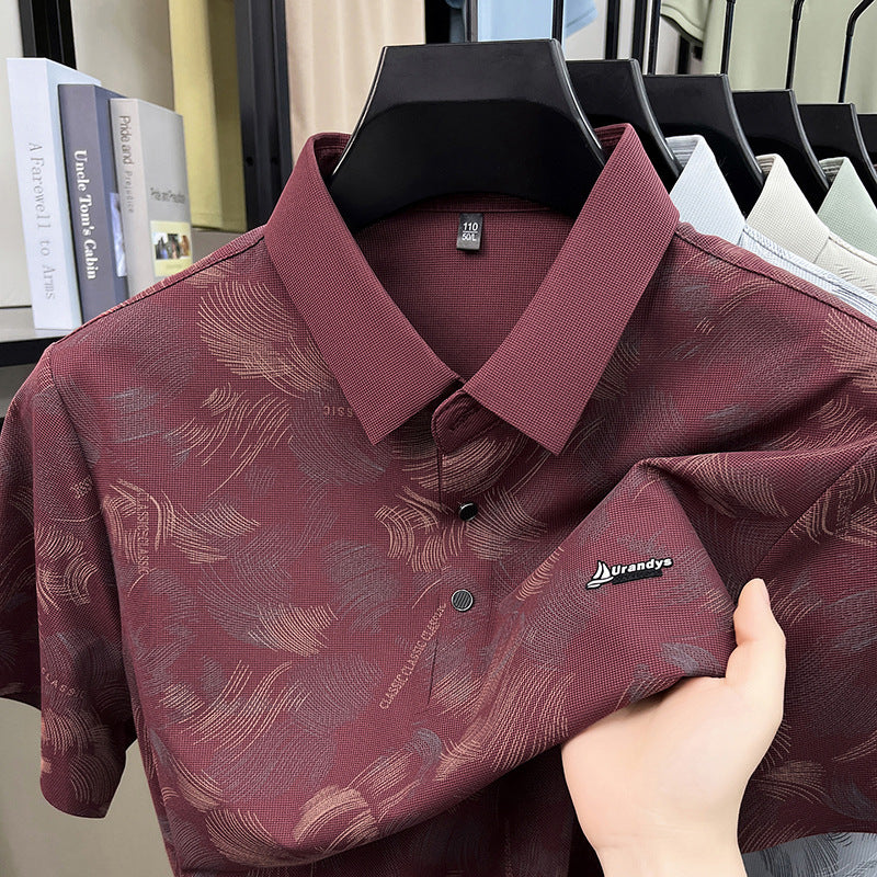 Men's Seamless Printed Short Sleeve Polo Shirt with Breathable