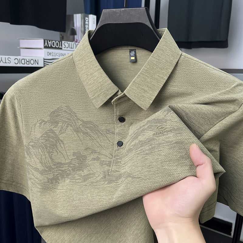 Men's Ice Silk Short Sleeve Polo Shirt with Relaxed Lapel Fit