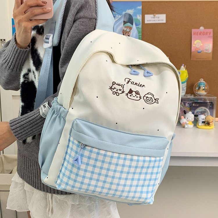Cute Plaid Kitten Backpack for School Large Capacity