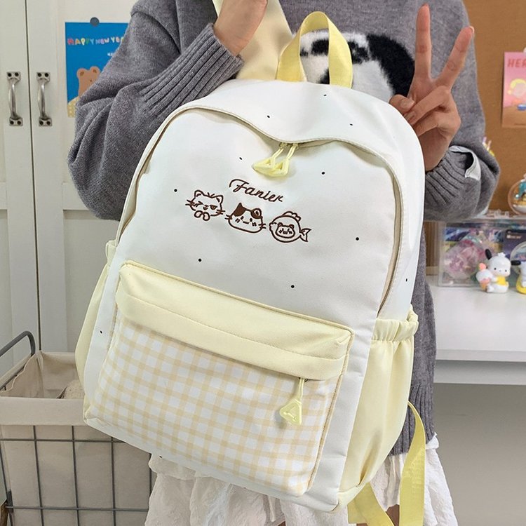 Cute Plaid Kitten Backpack for School Large Capacity