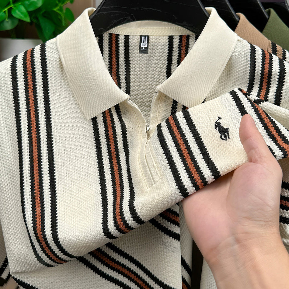 Men's Half-Zip Striped Polo Shirt with Embroidered Horse Logo