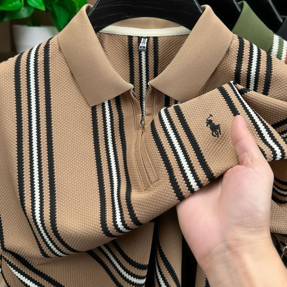 Men's Half-Zip Striped Polo Shirt with Embroidered Horse Logo