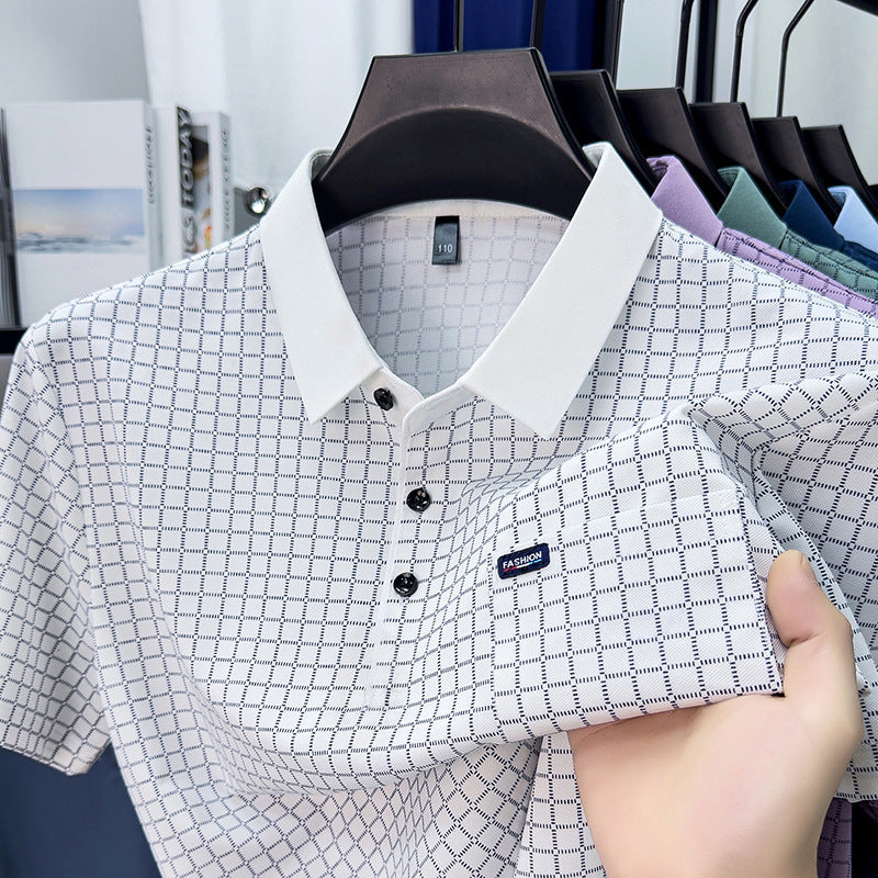 Men's Plaid Short Sleeve Polo Shirt with Pocket and Wrinkle-Free