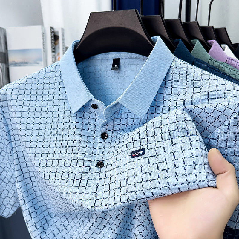 Men's Plaid Short Sleeve Polo Shirt with Pocket and Wrinkle-Free
