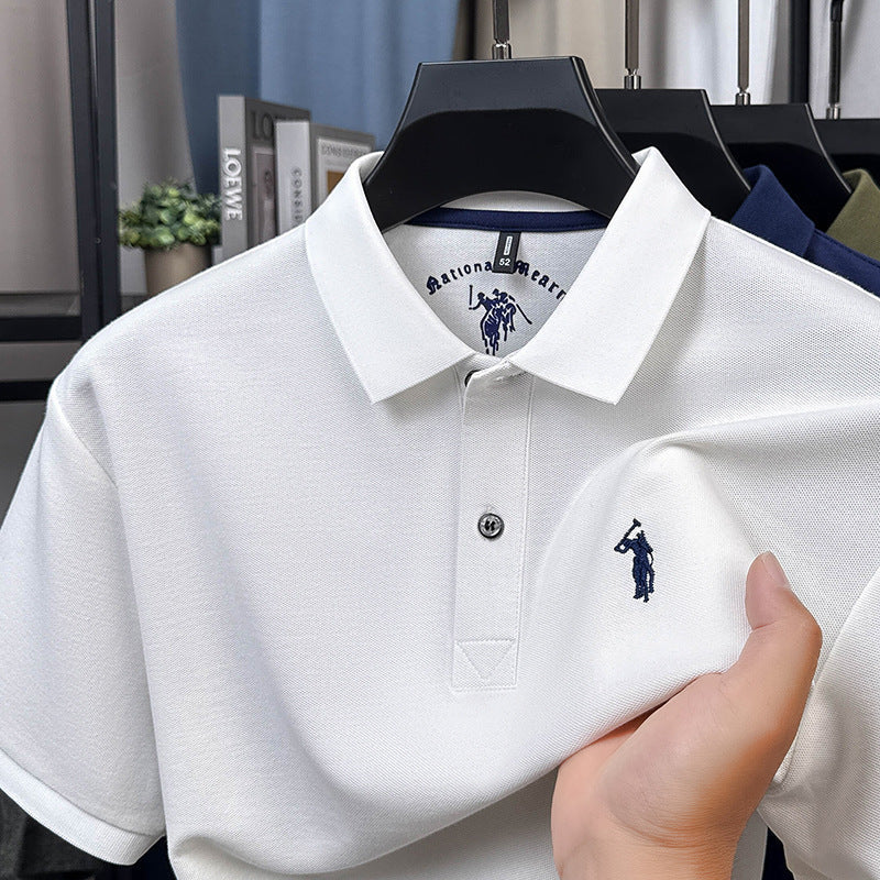 Men's Cotton Embroidered Short Sleeve Polo Shirt with Lapel