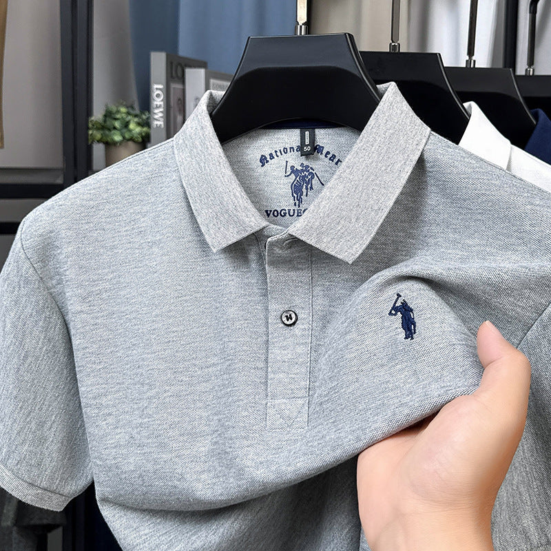 Men's Cotton Embroidered Short Sleeve Polo Shirt with Lapel