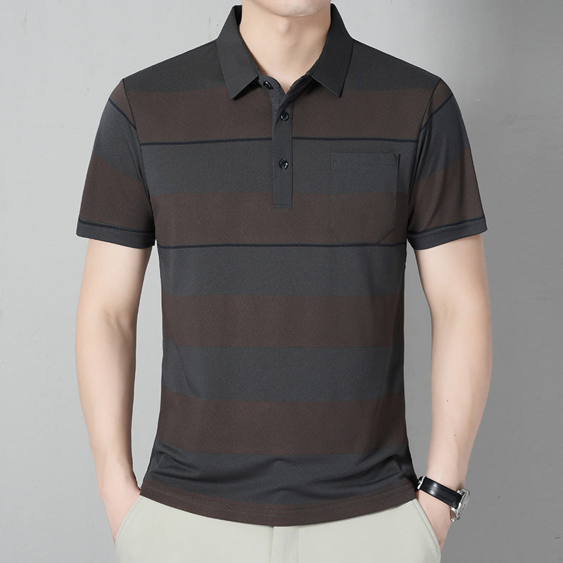 Men's Striped Short Sleeve Polo Shirt with Lapel and Pocket
