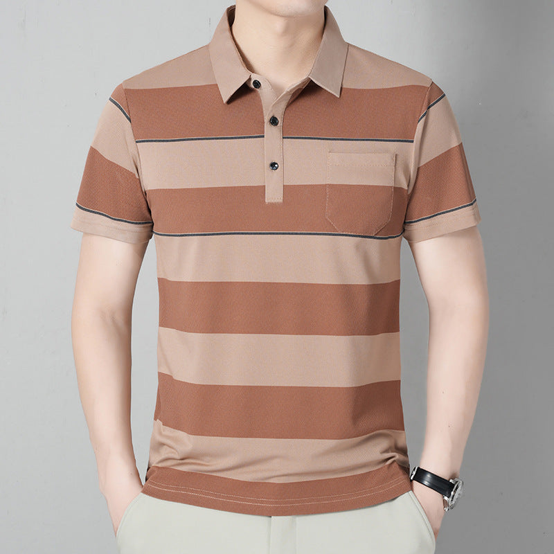 Men's Striped Short Sleeve Polo Shirt with Lapel and Pocket