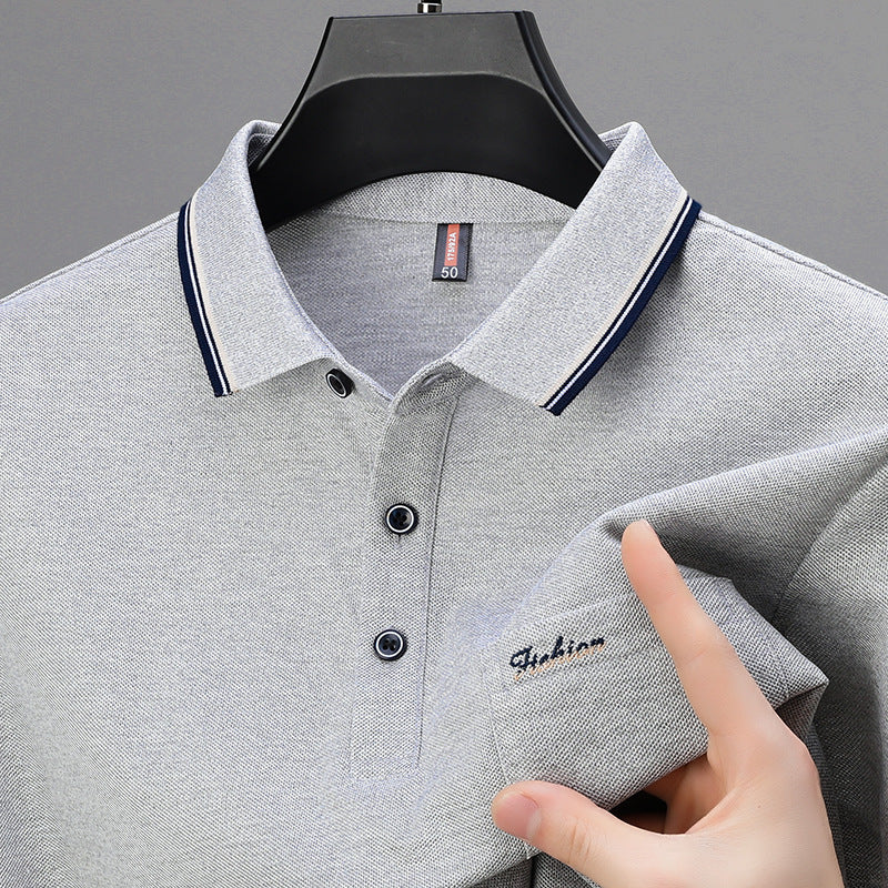 Men's Cotton Embroidered Short Sleeve Polo Shirt with Lapel