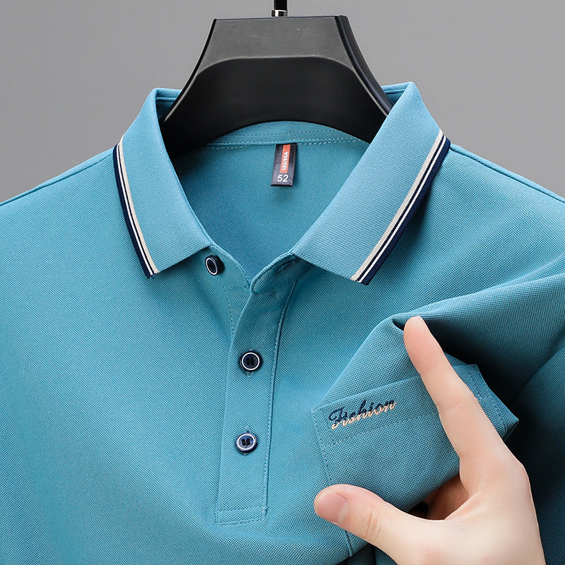Men's Cotton Embroidered Short Sleeve Polo Shirt with Lapel