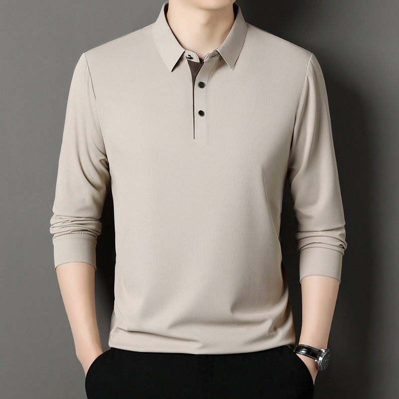 Men's Long Sleeve Solid Color Polo Shirt with Turn-Down Collar