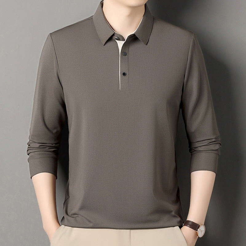 Men's Long Sleeve Solid Color Polo Shirt with Turn-Down Collar