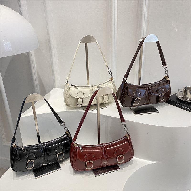Retro Double Pocket Shoulder Bag for Women with Buckle
