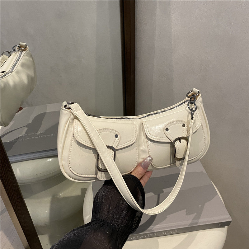Retro Double Pocket Shoulder Bag for Women with Buckle