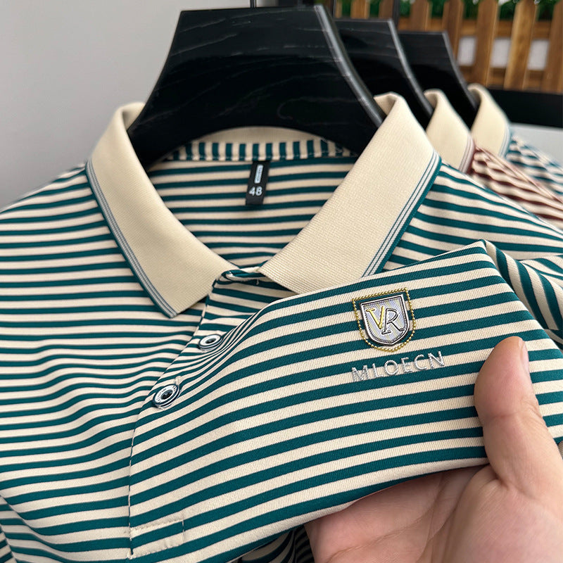 Men's Cotton Striped Short Sleeve Polo Shirt with Lapel Collar