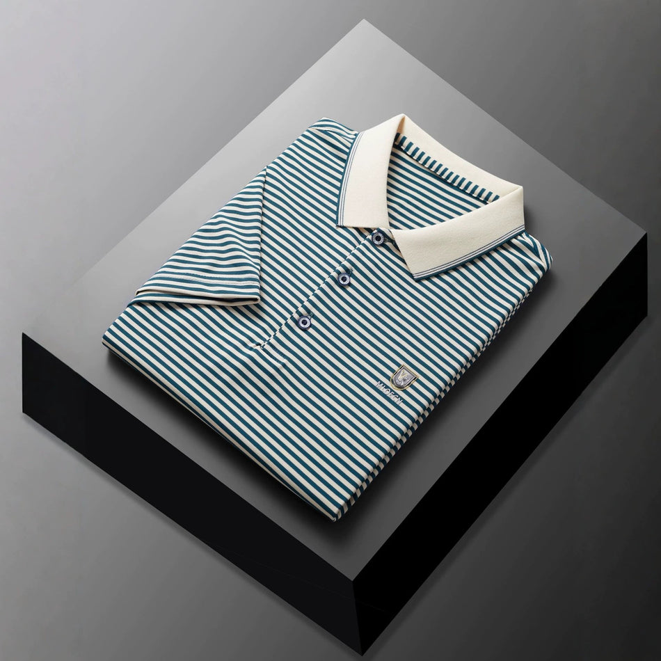 Men's Cotton Striped Short Sleeve Polo Shirt with Lapel Collar