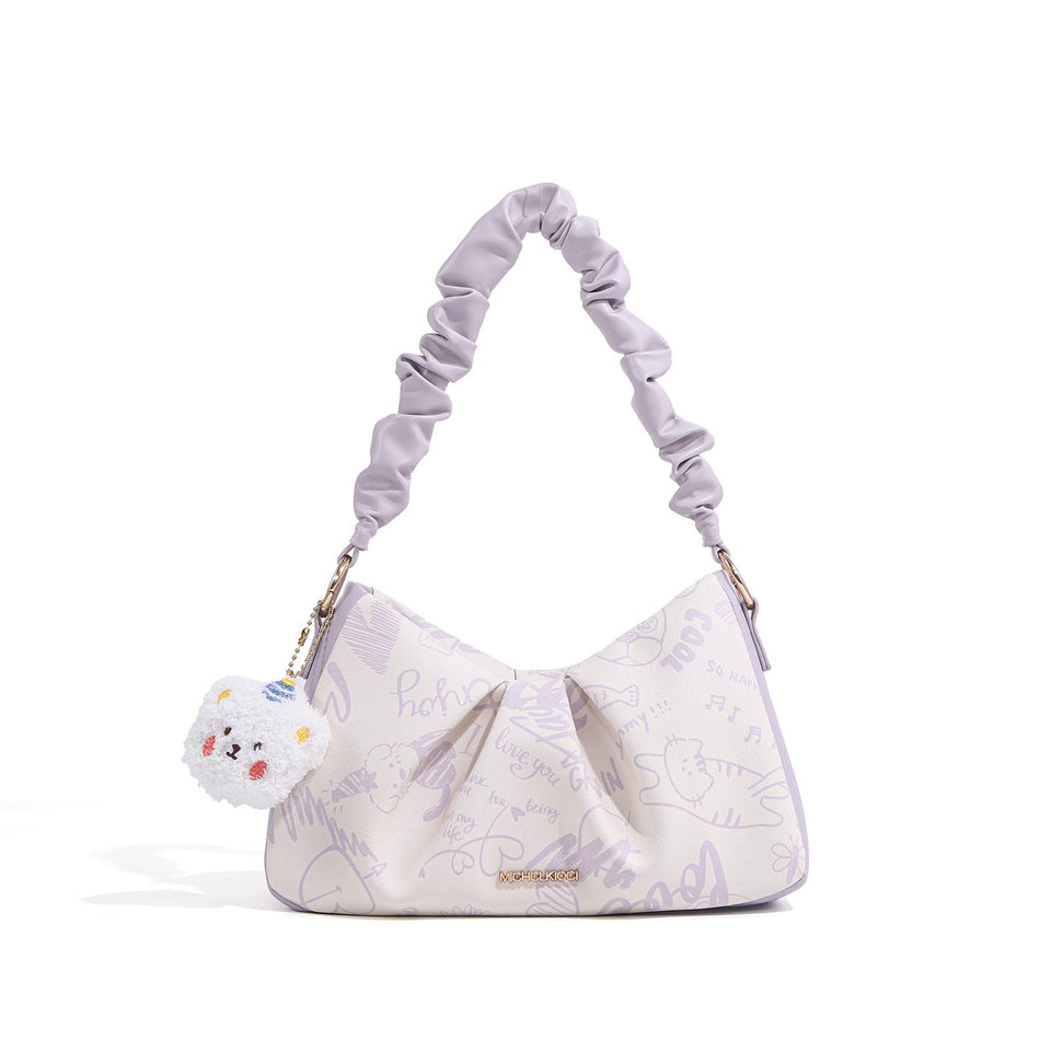 Purple Graffiti Print Pleated Cloud Shoulder Bag
