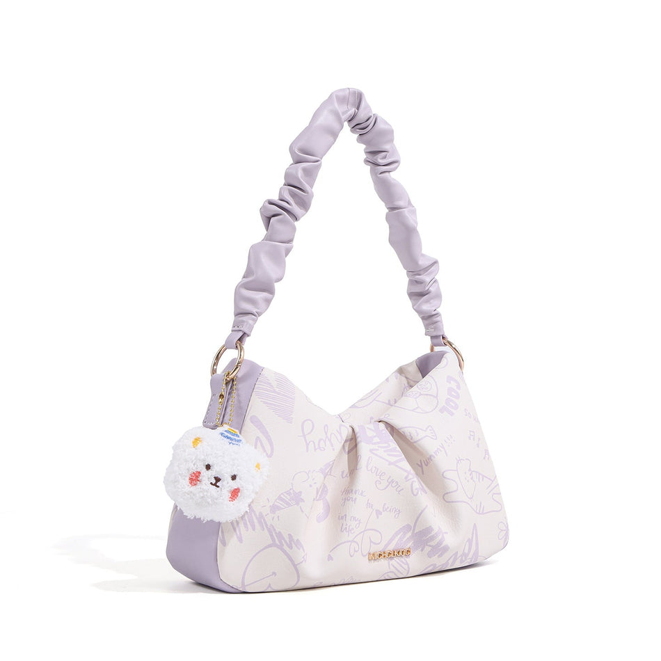 Purple Graffiti Print Pleated Cloud Shoulder Bag