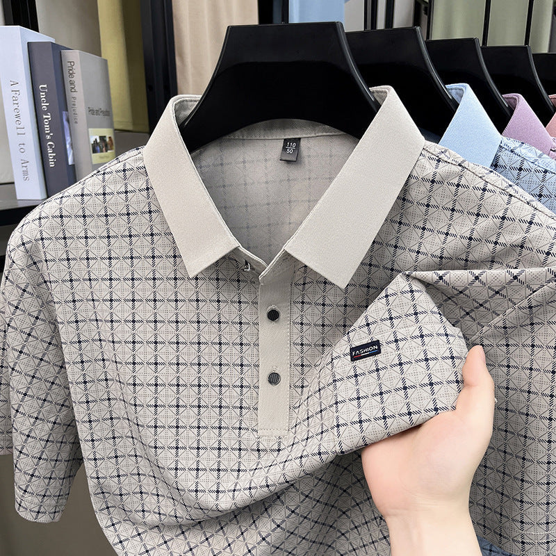 Men's Plaid Short Sleeve Polo Shirt with Lapel Collar