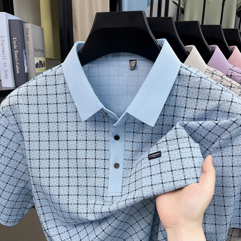 Men's Plaid Short Sleeve Polo Shirt with Lapel Collar