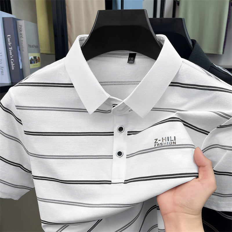 STOCK-Men's Slim Fit Striped Short Sleeve Shirt with Turn Down