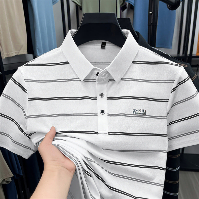 STOCK-Men's Slim Fit Striped Short Sleeve Shirt with Turn Down