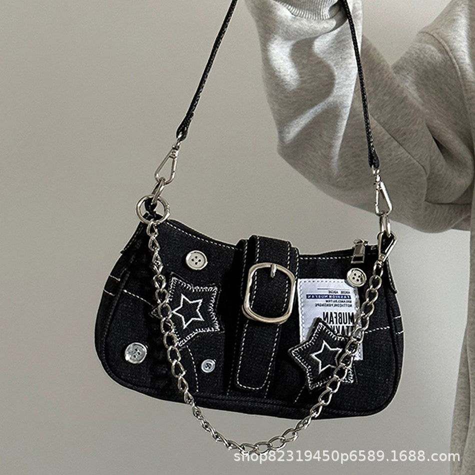 Women's Denim Star Chain Underarm Shoulder Bag Retro Style