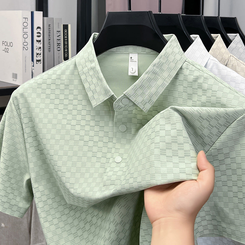 Men's Non Iron Plaid Short Sleeve Polo Shirt Breathable Casual