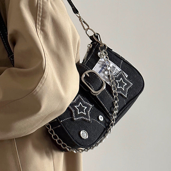 Women's Denim Star Chain Underarm Shoulder Bag Retro Style