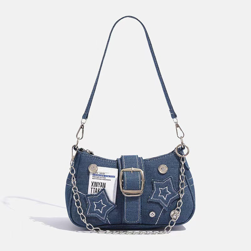 Women's Denim Star Chain Underarm Shoulder Bag Retro Style