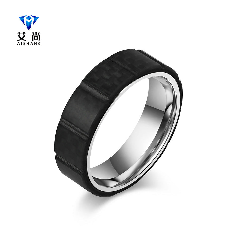 Men's Carbon Fiber Black Titanium Steel Ring with Groove