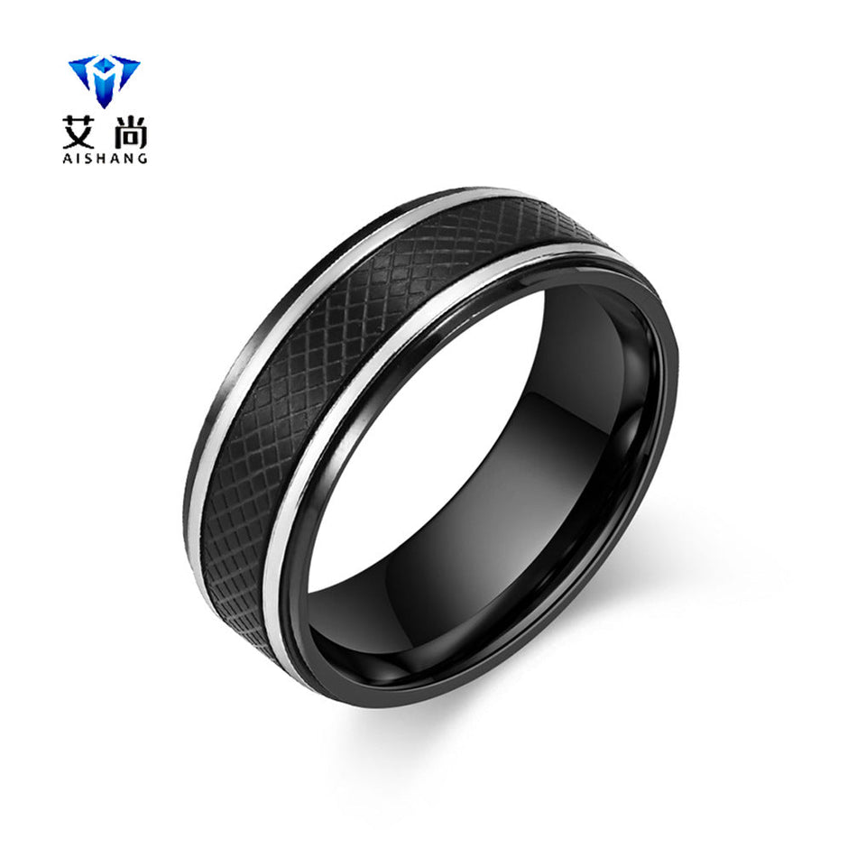 Men's Black Titanium Steel Rhombus Plaid Fashion Ring