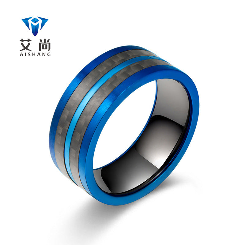 Men's Two Tone Carbon Fiber Stainless Steel Couple Ring