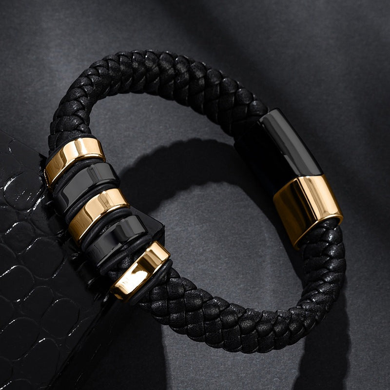 Unisex Titanium Steel Minimalist Leather Bracelet Jewelry