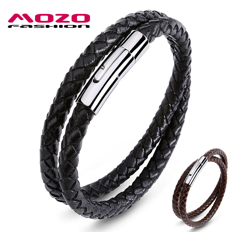 Unisex Double Ring Titanium Steel Leather Bracelet Jewelry