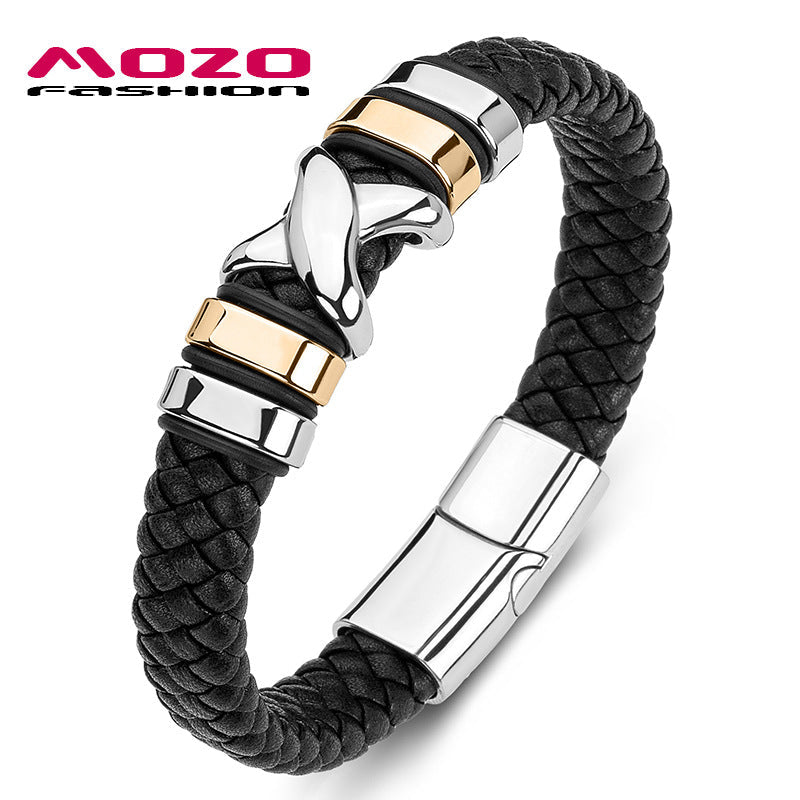 Men's Titanium Steel Cross X Leather Bracelet Jewelry