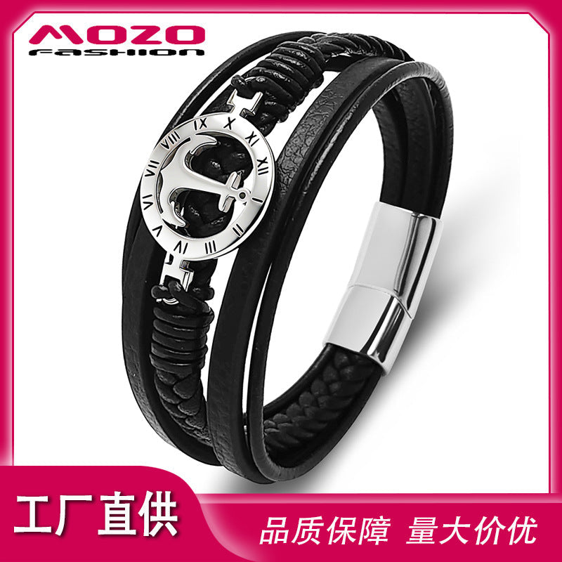 Men's Stainless Steel Anchor Braided Leather Bracelet