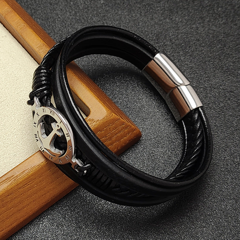 Men's Stainless Steel Anchor Braided Leather Bracelet