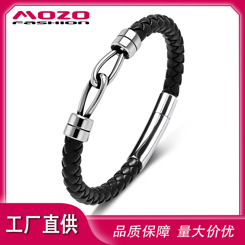 Unisex Titanium Steel Double Ring Leather Bracelet Jewelry