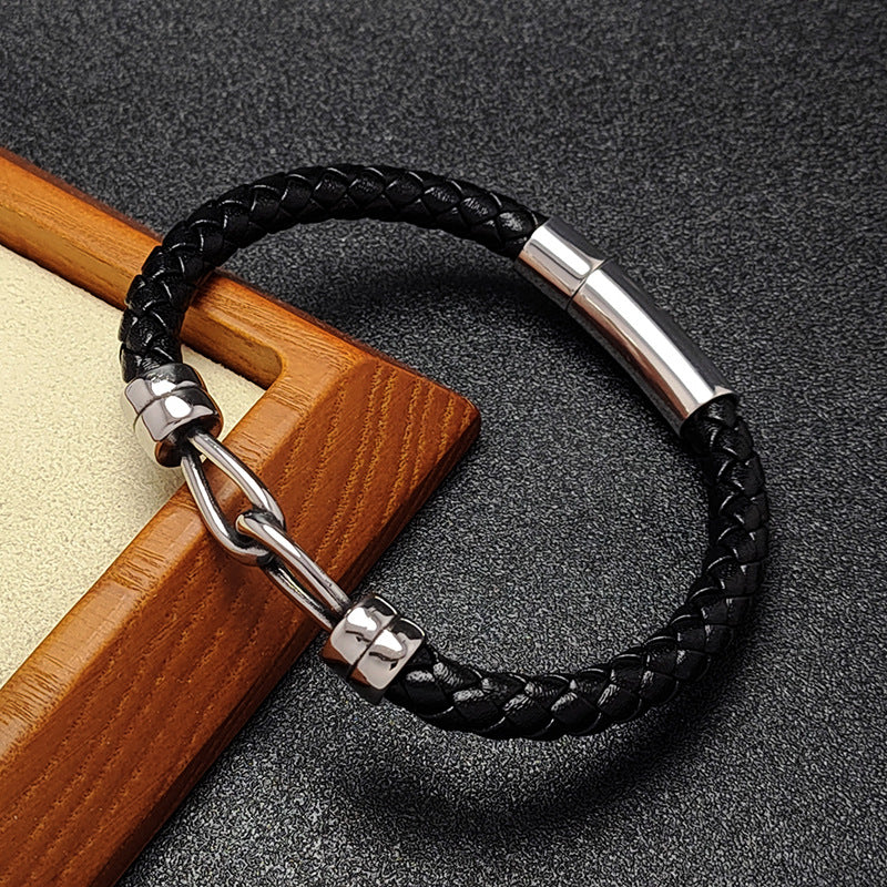 Unisex Titanium Steel Double Ring Leather Bracelet Jewelry
