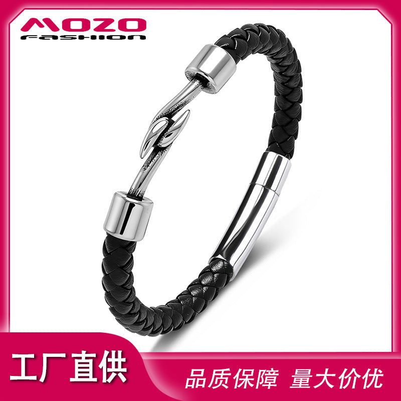 Unisex Leather Bracelet Stainless Steel Double Hook Jewelry