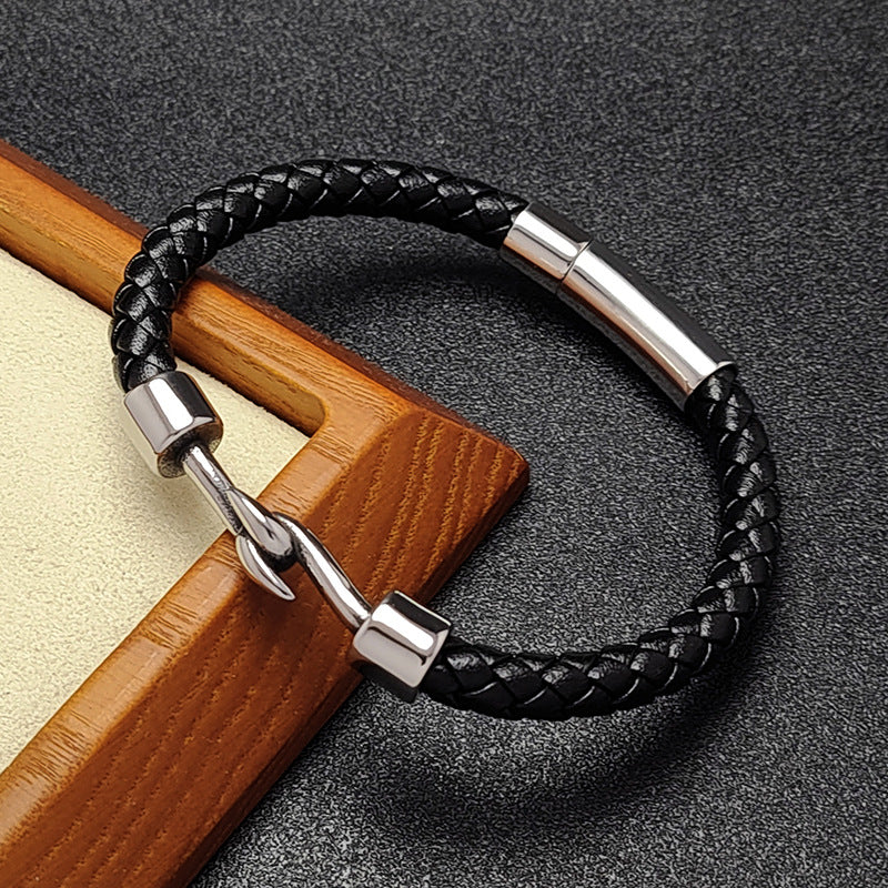 Unisex Leather Bracelet Stainless Steel Double Hook Jewelry