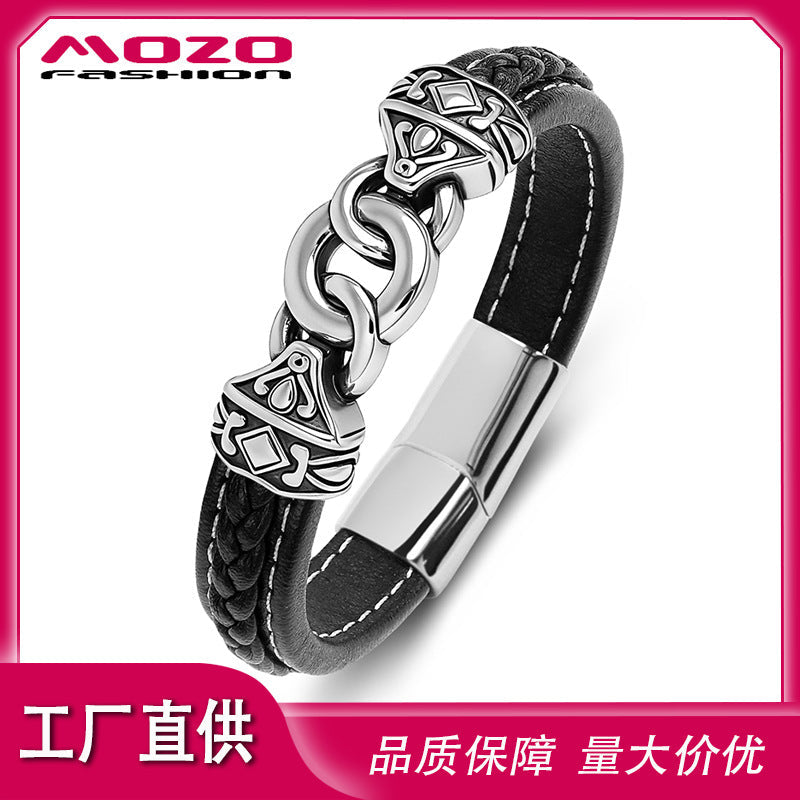 Men's Stainless Steel Totem Chain Leather Bracelet Jewelry