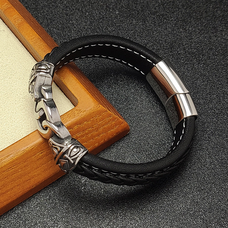 Men's Stainless Steel Totem Chain Leather Bracelet Jewelry