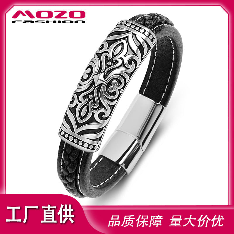 Men's Stainless Steel Totem Relief Leather Bracelet Jewelry