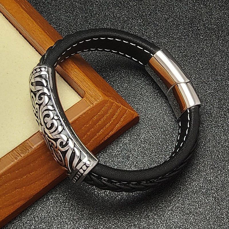 Men's Stainless Steel Totem Relief Leather Bracelet Jewelry