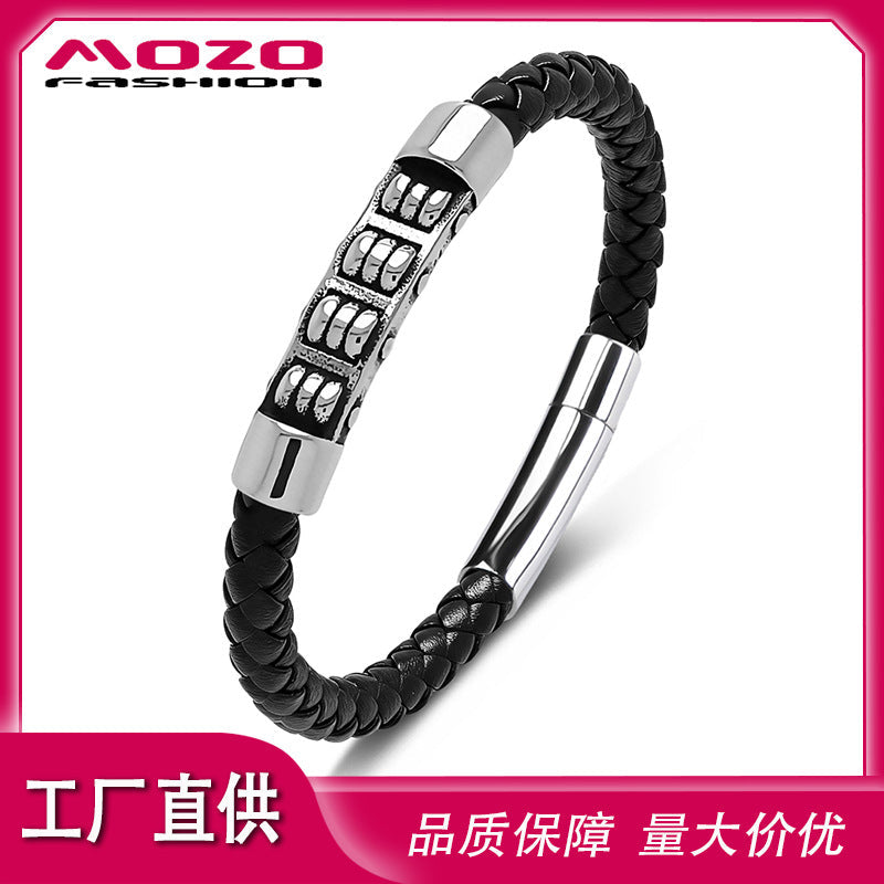 Unisex Leather Bracelet Stainless Steel Abacus Bead Jewelry